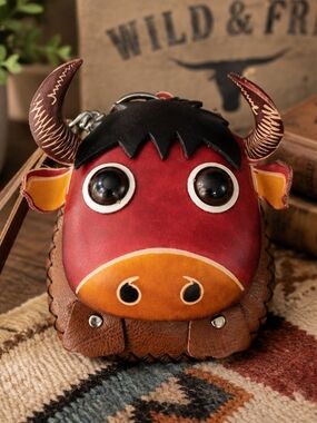 Handmade Leather Bull Coin Purse Wallet Wristlet Red Brown Western Cow